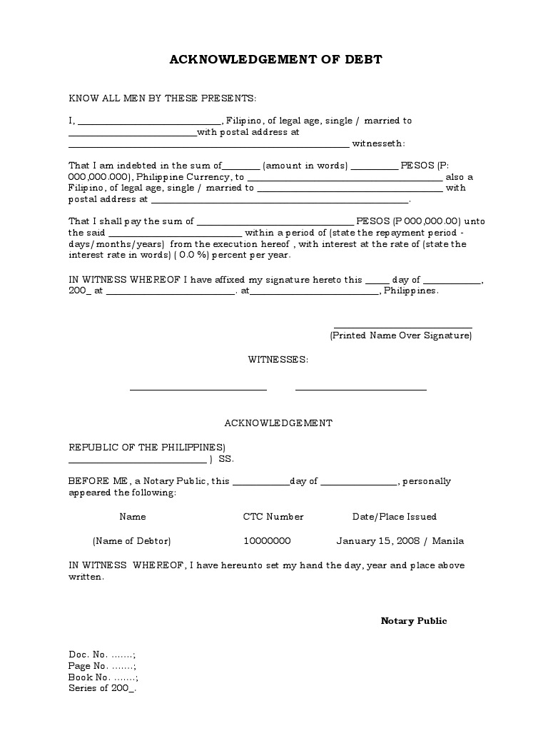 Acknowledgement Of Debt Template Word Doc