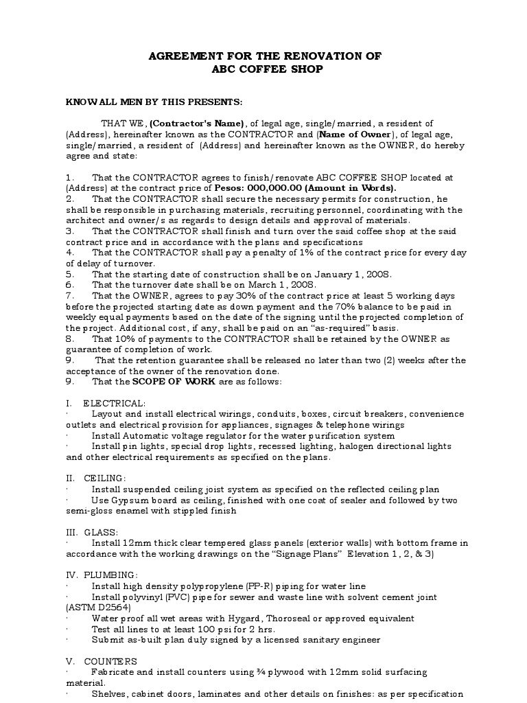 Illustration of Maximum Allowance In Apartment Renovation Contracts