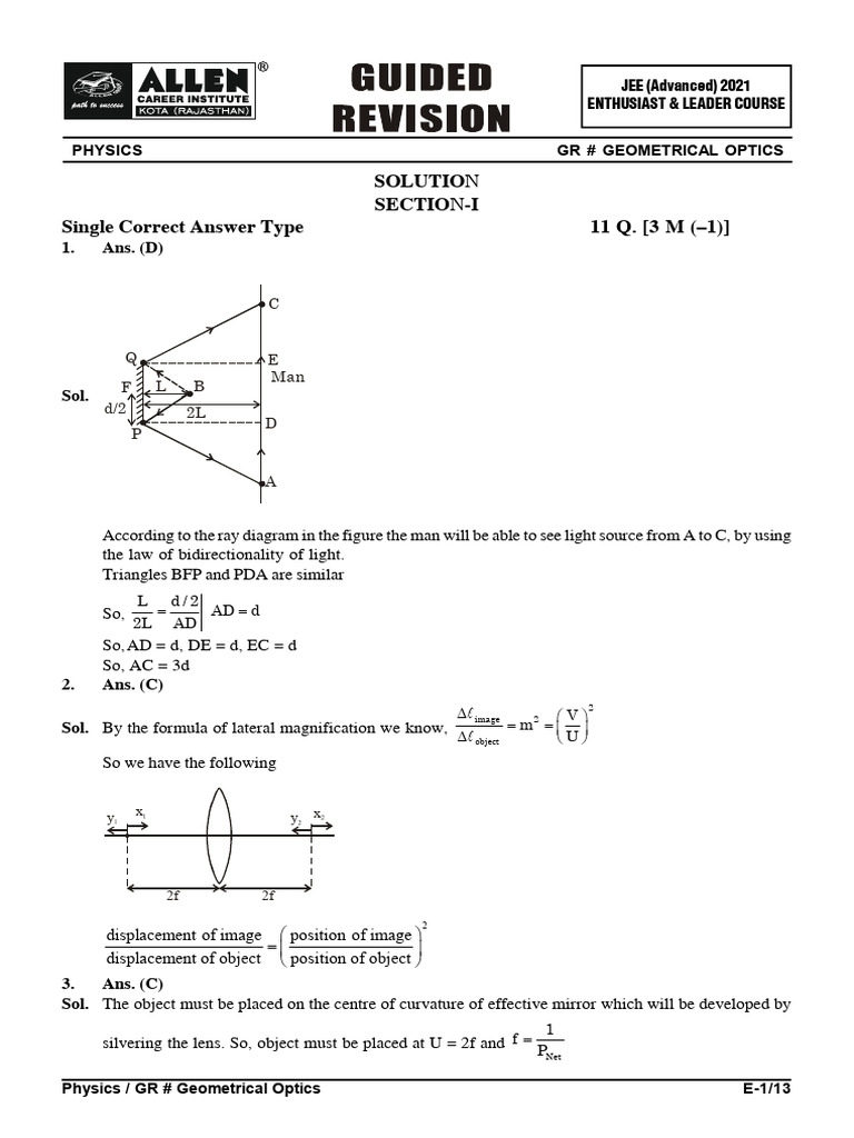 18 GR (Geometrical Optics) Solution | PDF | Optics | Light