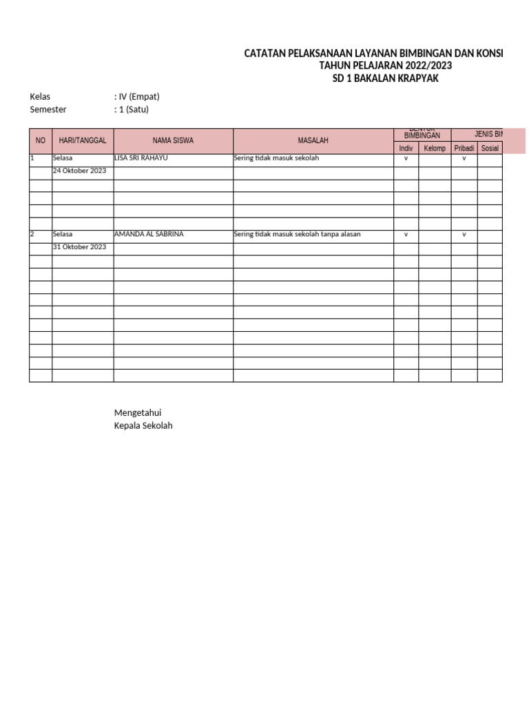 7C. Catatan Pelaksanaan Layanan BK | PDF