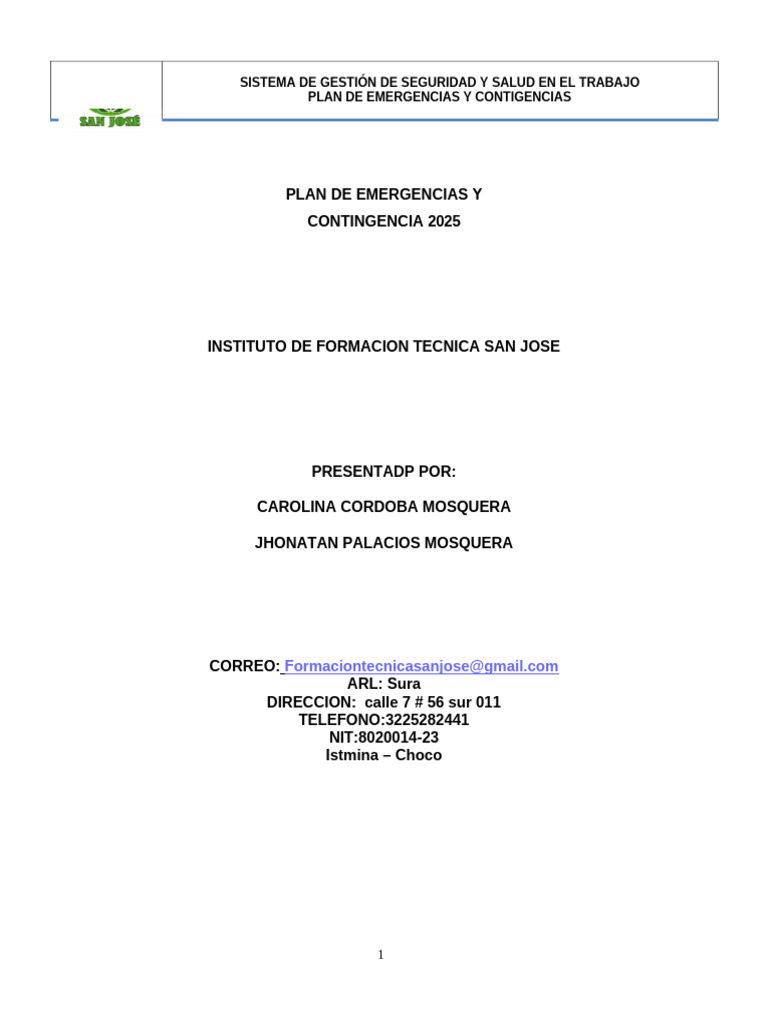 Plan de Emergencias San Jose | PDF | Seguridad y salud ocupacional | Riesgo