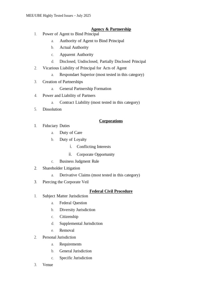Highly Tested MEE Topics Overview | PDF | Law Of Agency | Insanity Defense