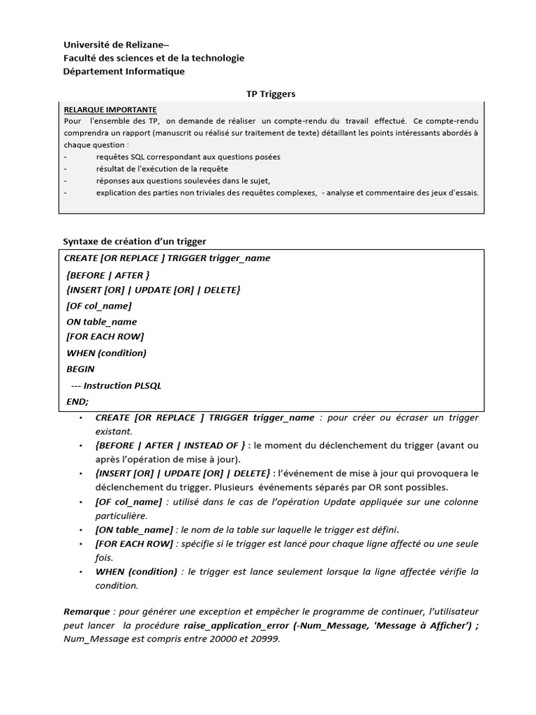 Guide sur les Triggers SQL en Informatique | PDF | Programmation ...