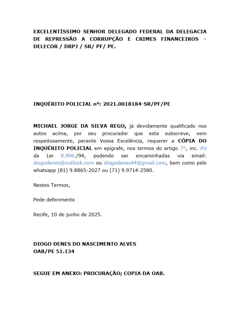 Pedido de Cópia de Inquérito Policial | PDF
