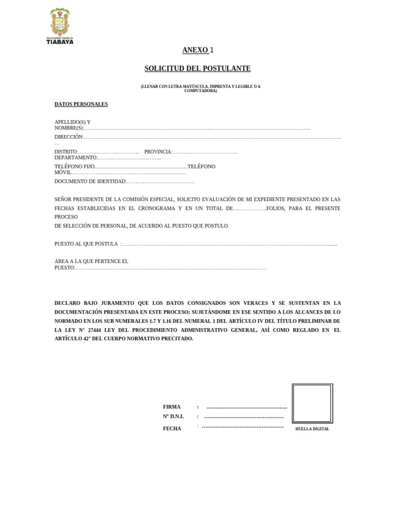 Anexo Solicitud DEL Postulante: (Llenar Con Letra Mayúscula, Imprenta Y ...