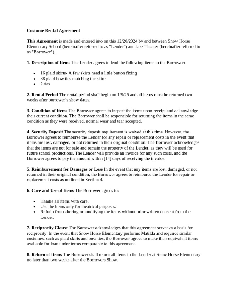 Costume Rental Agreement Template | PDF | Private Law