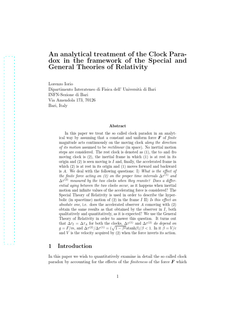 An Analytical Treatment of The Clock Paradox in The Framework of The ...