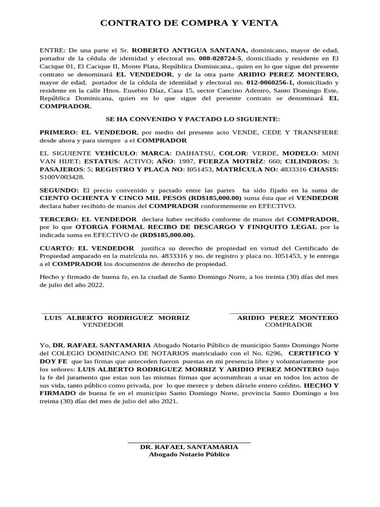Contrato Compra y Venta de Vehiculo de Luis Alberto Morriz y Aridio ...