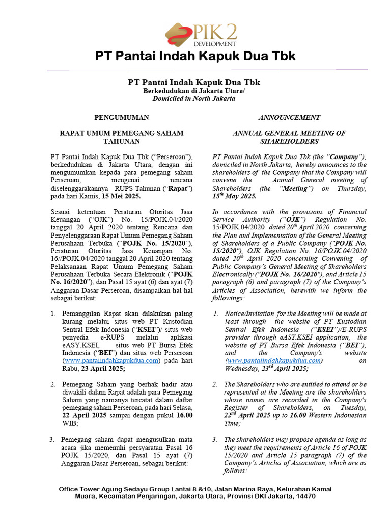 RUPS Tahunan PT PIK Dua Tbk 2025 | PDF
