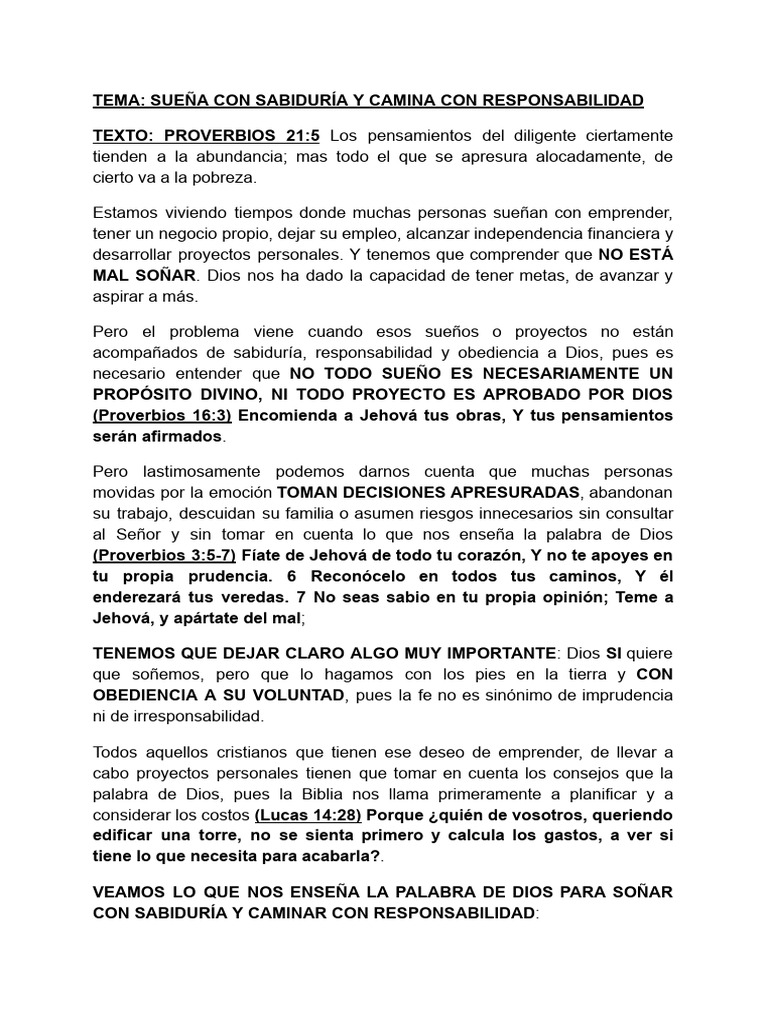 Suena Con Sabiduria y Camina Con Responsabilidad | PDF | Oración ...