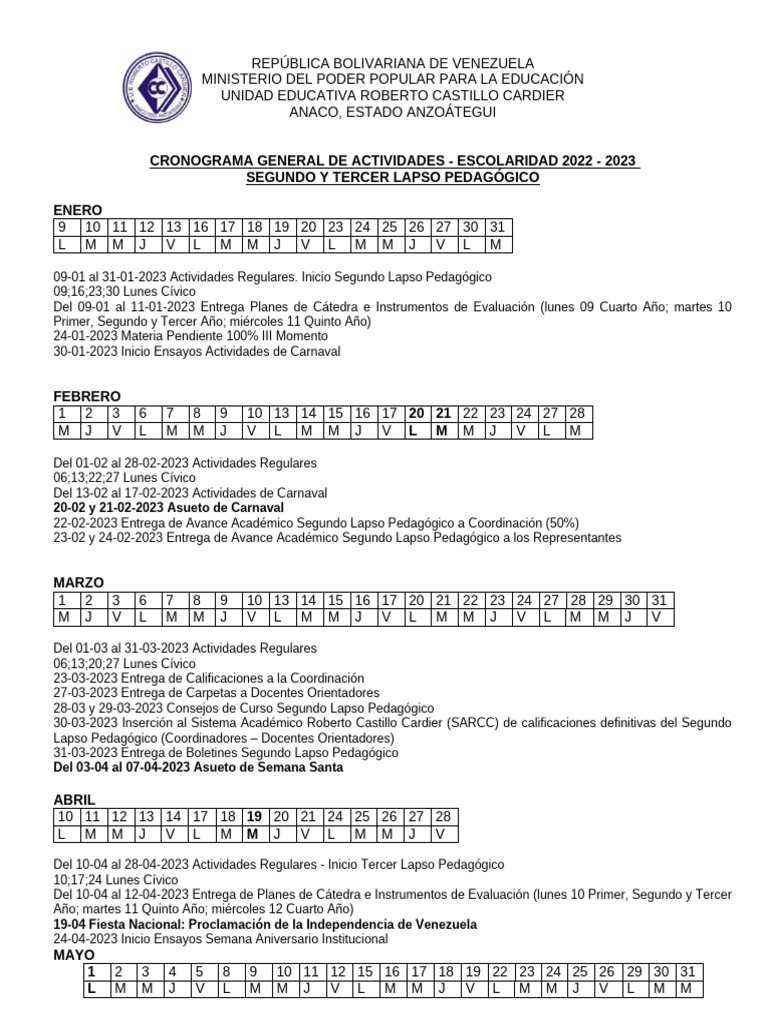 Cronograma Segundo Lapso 2022 - 2023 | PDF