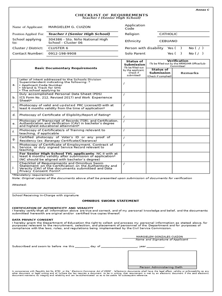DepEd Teacher I Application Checklist | PDF