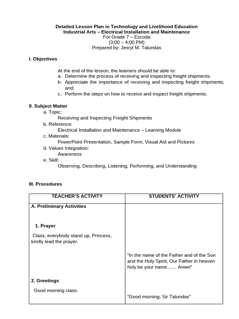 Grade 7 Lesson Plan: Freight Shipment Inspection | PDF | Cargo | Lesson ...