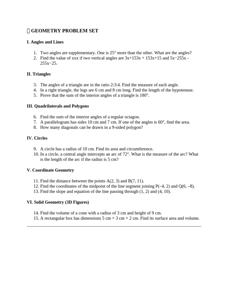 Geometry Problem Set for Class 10 | PDF