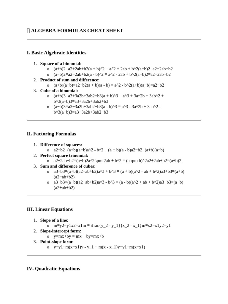 Algebra Formulas Cheat Sheet PDF | PDF