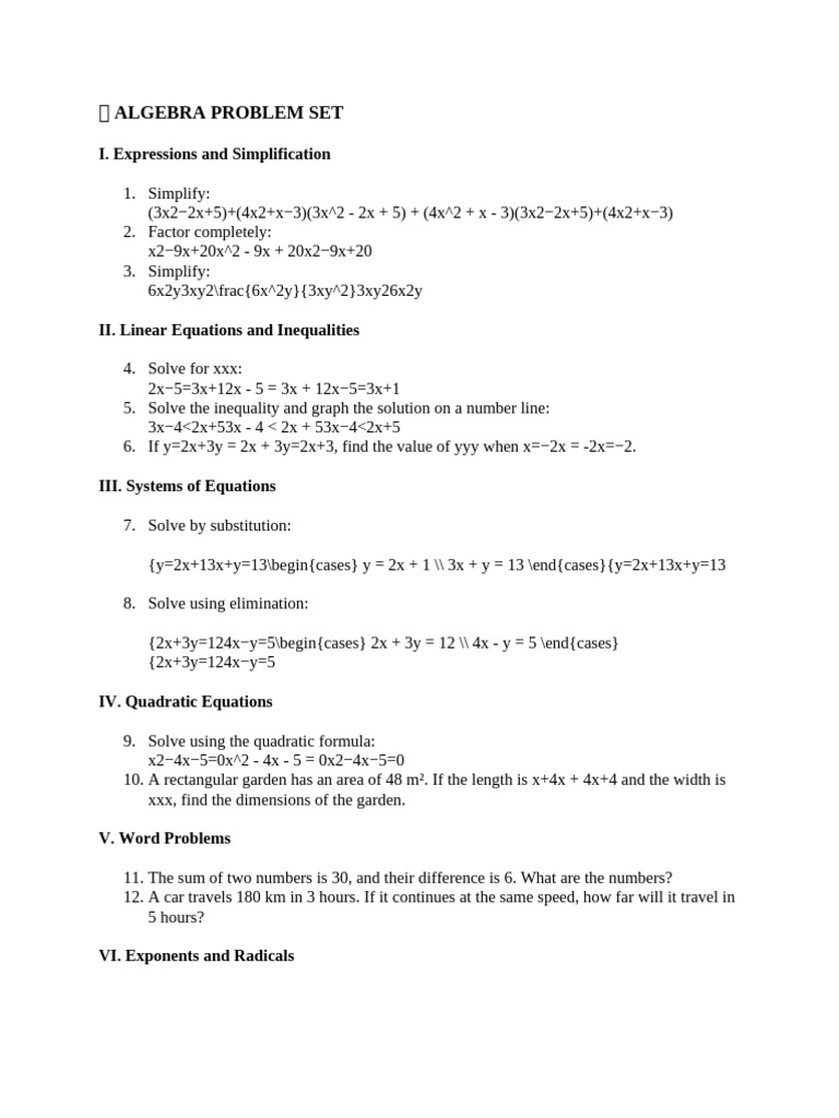 Algebra Problem Set: Systems & Equations | PDF