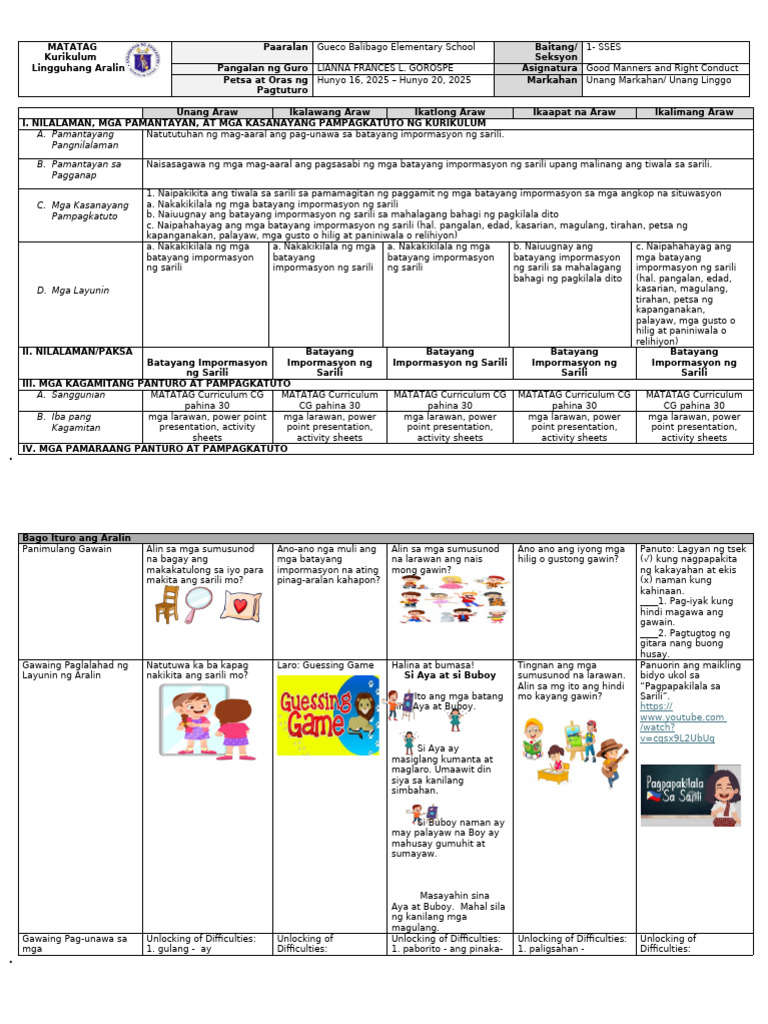Matatag G1 Q1 DLL WEEK 1 GMRC | PDF