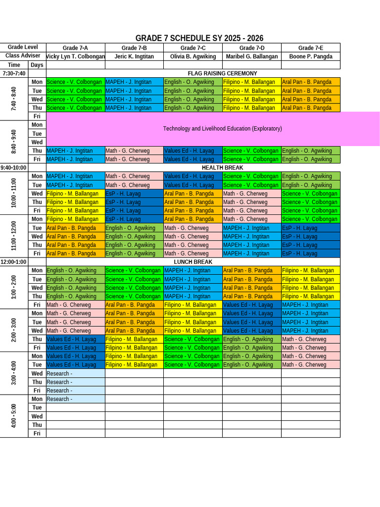 Grade 7 Schedule SY 2025-2026 | PDF