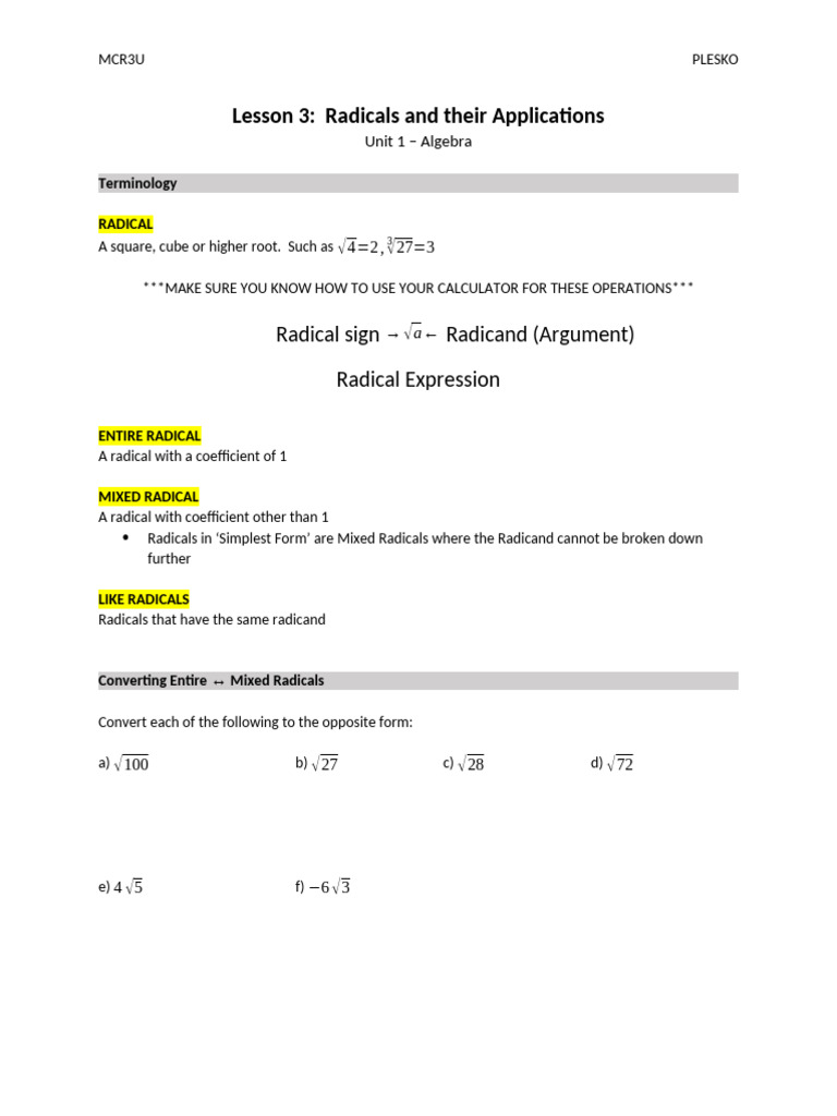 Radicals and Their Applications in Algebra | PDF | Square Root ...