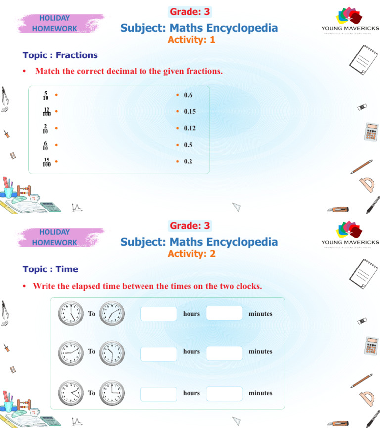 Grade 3 Maths Homework: Fractions & Time | PDF