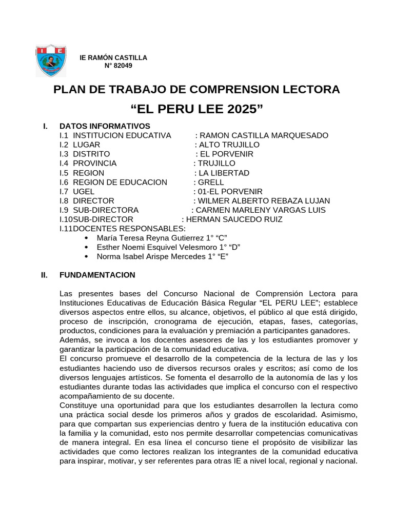 Plan de Trabajo: Comprensión Lectora 2025 | PDF | Educación primaria ...
