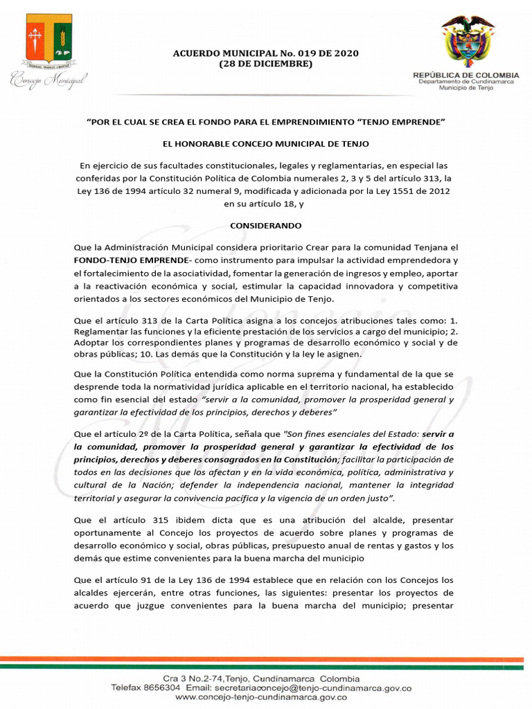 Acuerdo Municipal No 019 2020 Creacion Fondo de Emprendimiento Tenjo ...