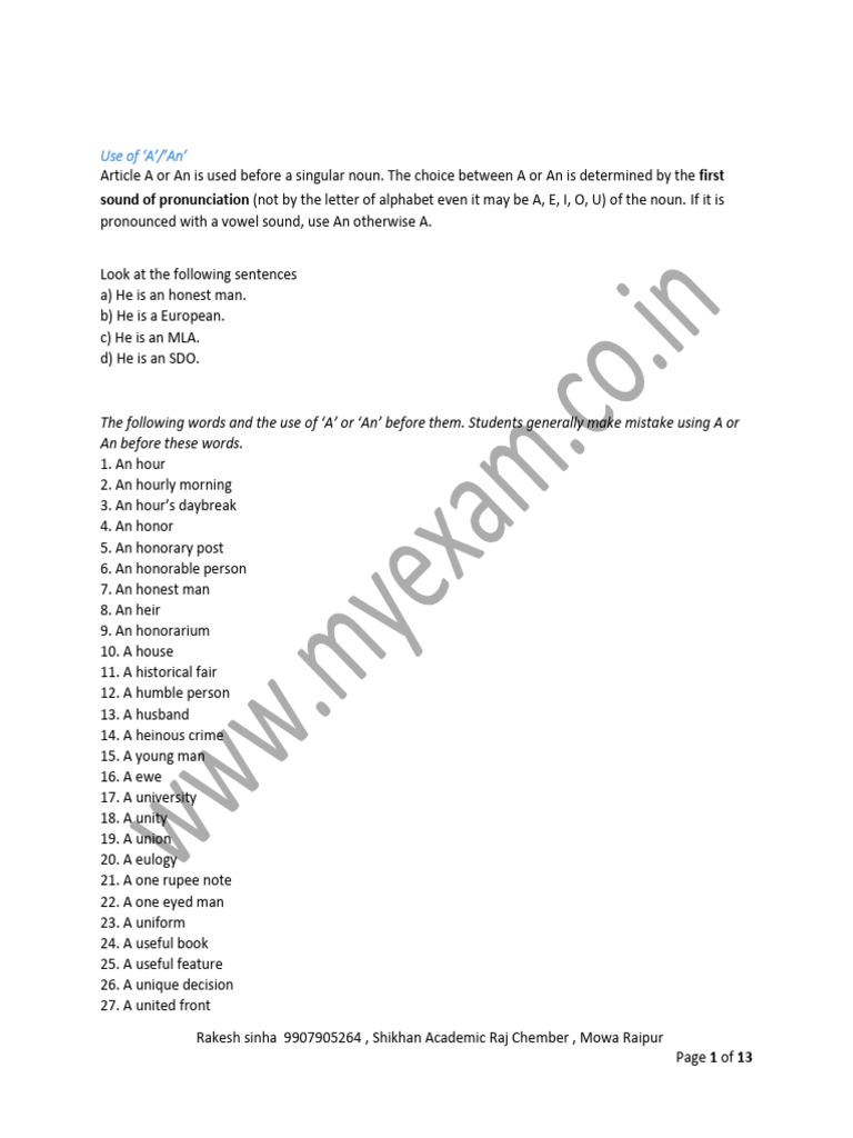 Rules for Using Articles in English | PDF | Adjective | Plural