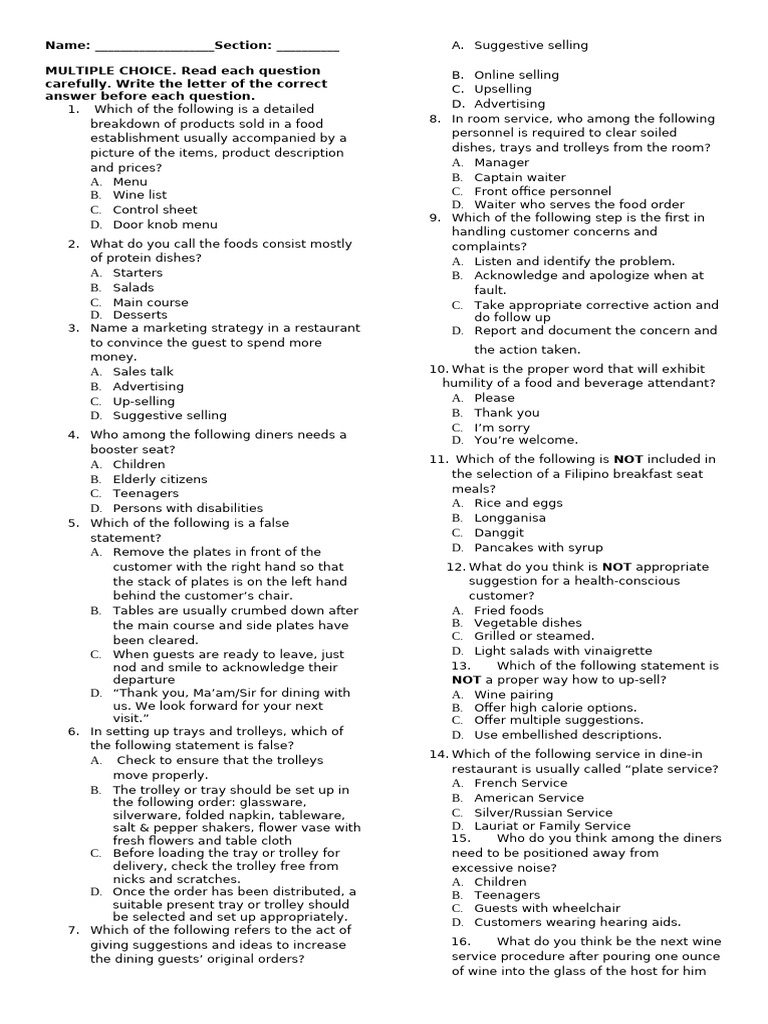 Restaurant Service Training Quiz | PDF | Tableware | Menu