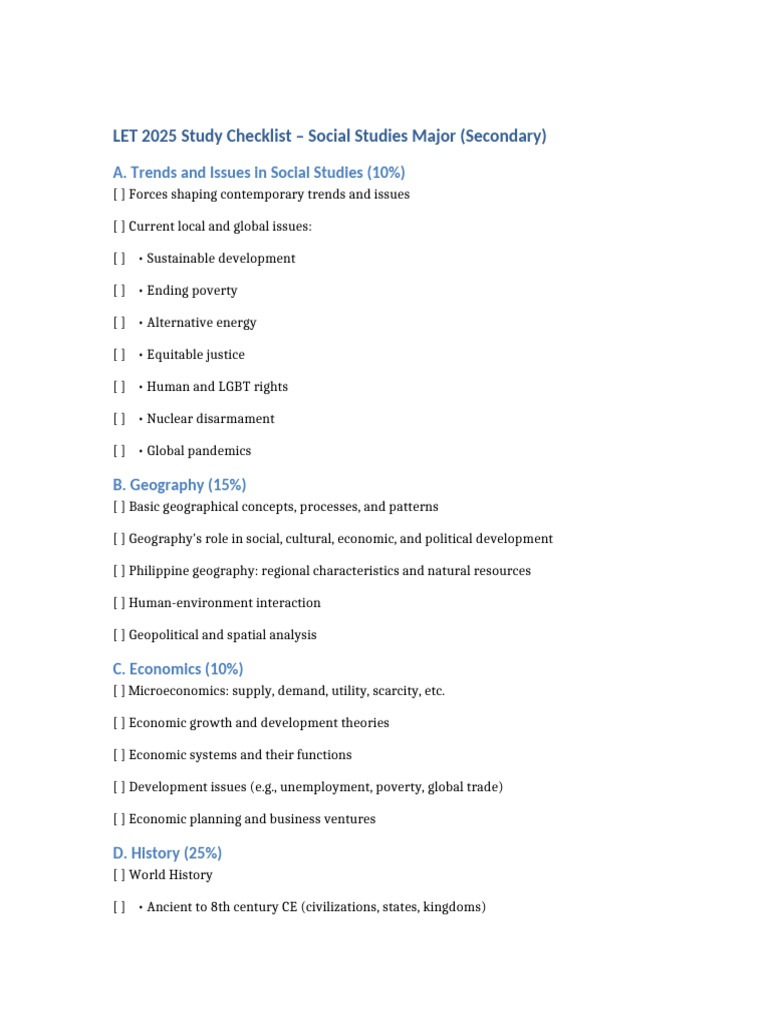 LET 2025 Social Studies Major Guide | PDF | Geography | Economics