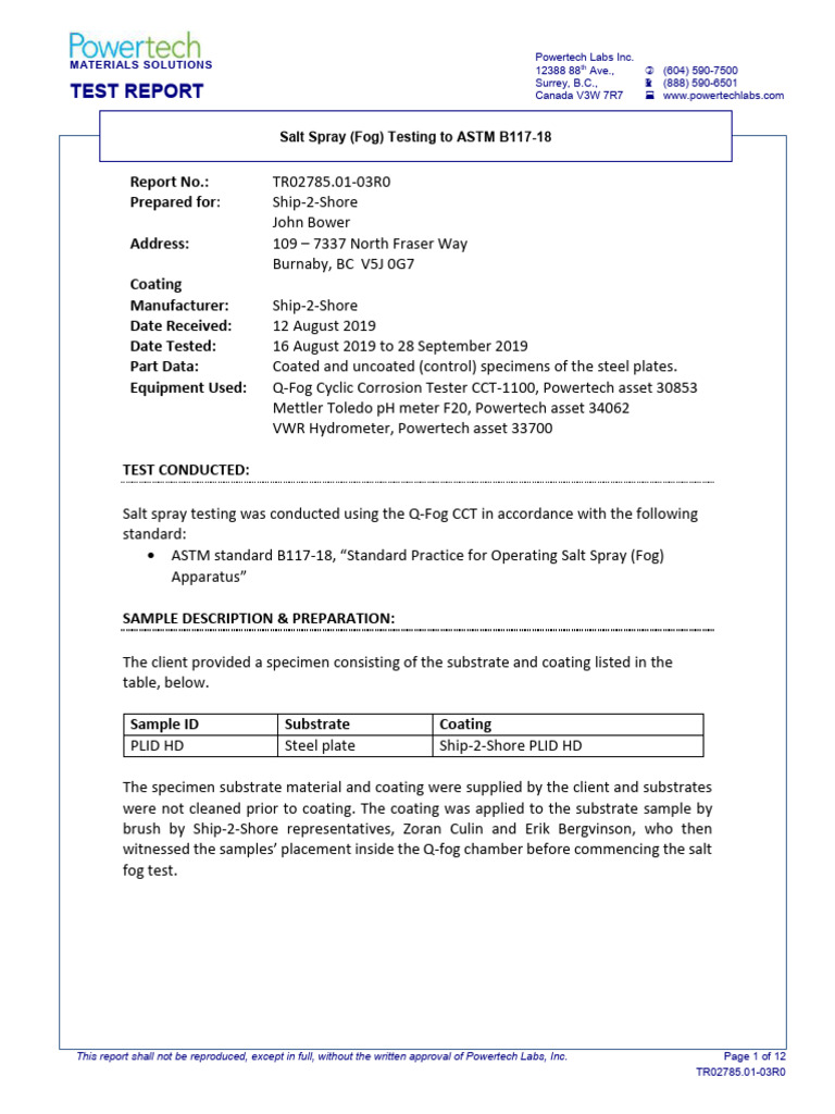 Salt Spray Testing Report ASTM B117 | PDF | Chemical Substances | Chemistry