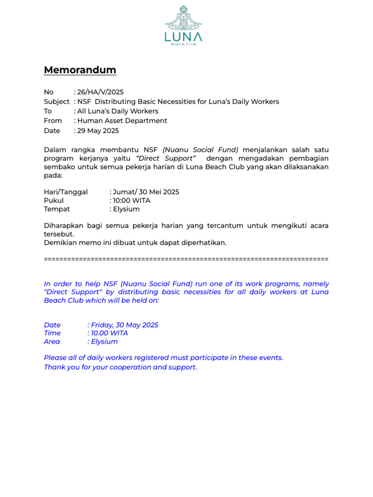 NSF Basic Necessities Distribution Memo | PDF