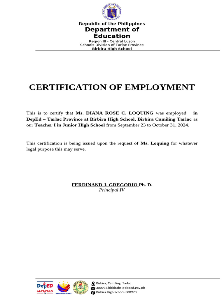 Employment Certification for Teacher I | PDF