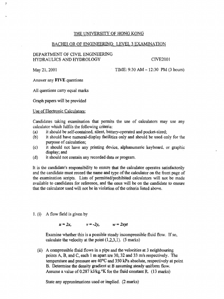 HKU Civil Engineering Hydraulics Exam 2001 | PDF | Rain | Fluid Dynamics