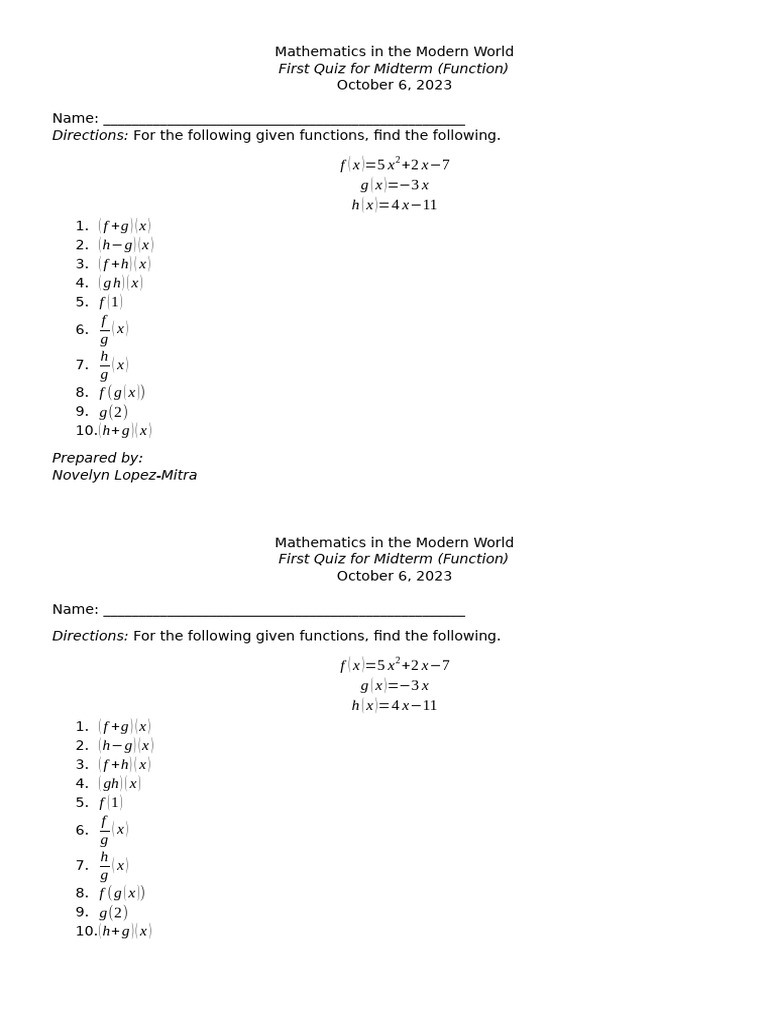 Quiz On Operations On Functions | PDF