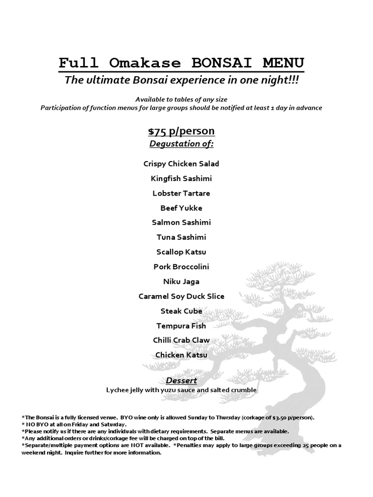 Omakase Bonsai Menu: $75 Per Person | PDF