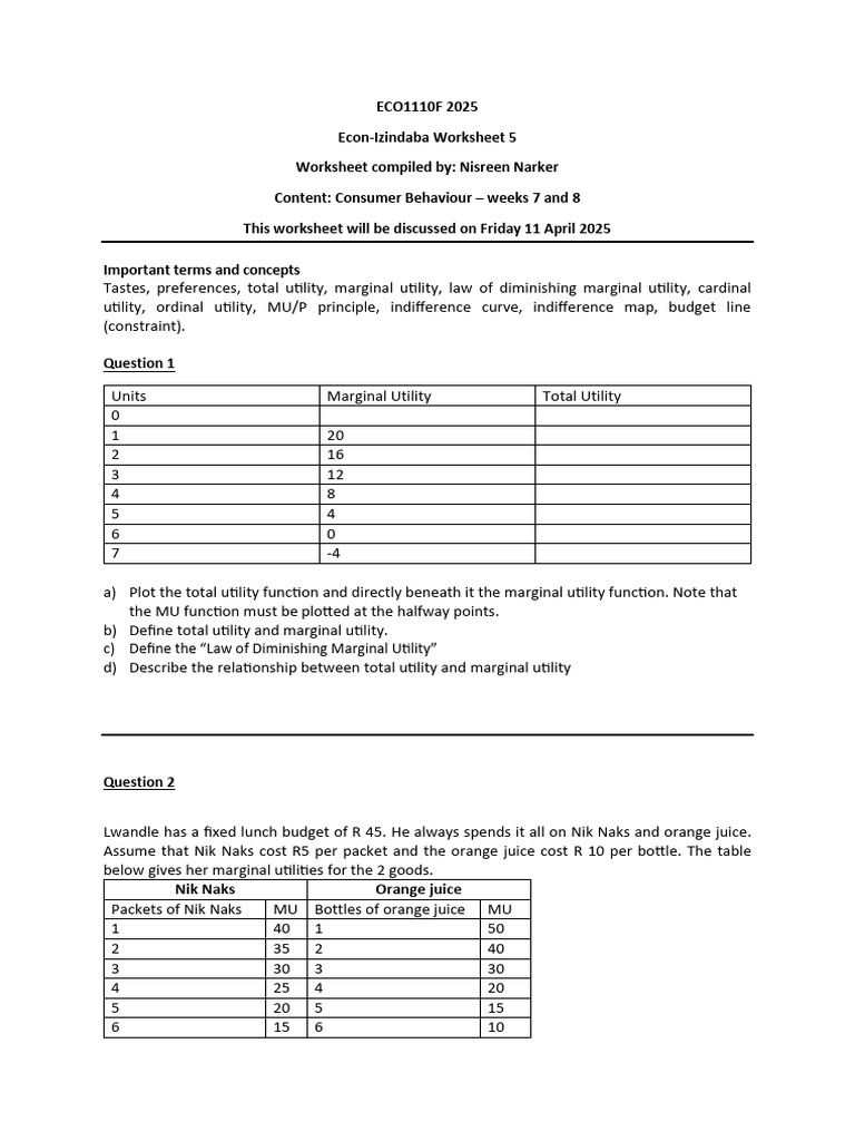 Consumer Behavior Worksheet 2025 | PDF | Utility | Marginal Utility