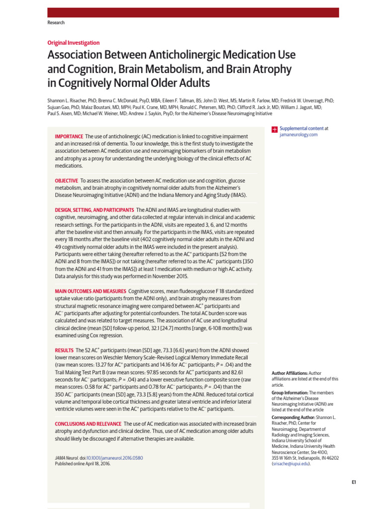 Association Between Anticholinergic Medication Use and Cognition, Brain ...