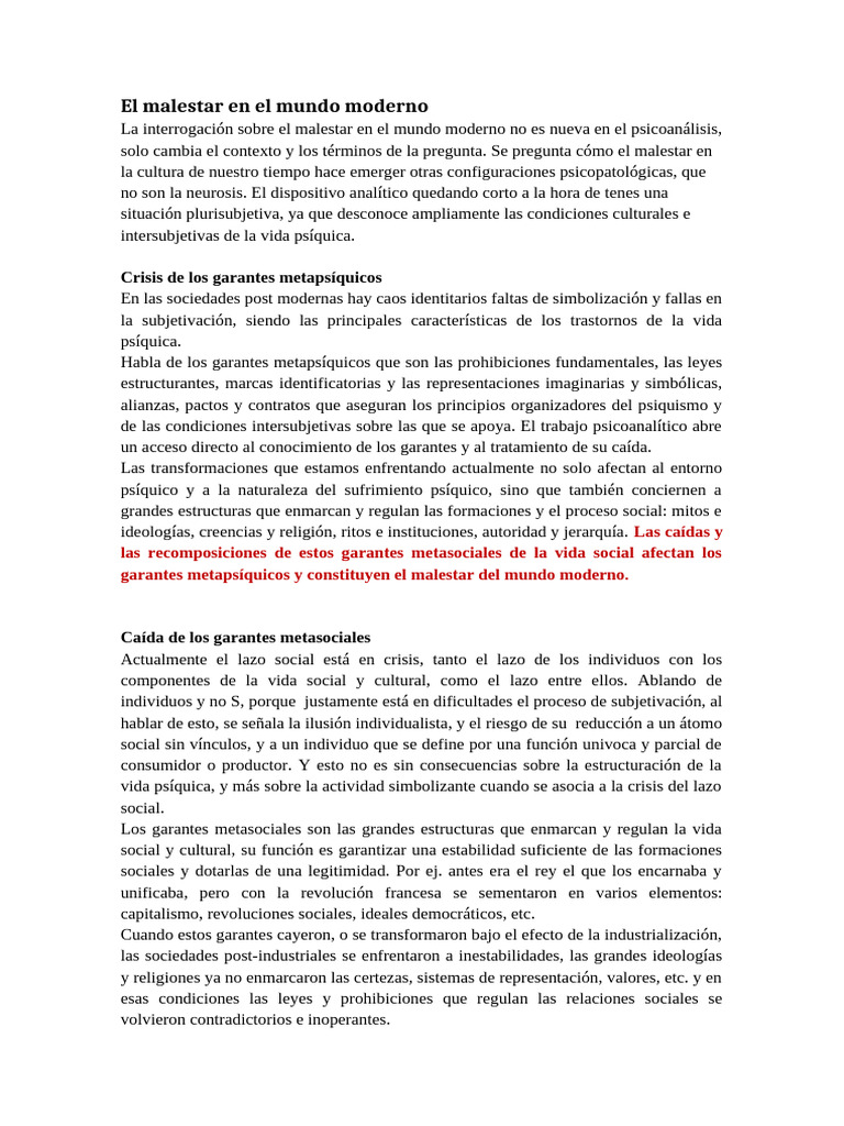 Malestar y crisis en la modernidad psíquica | PDF | Psique (psicología ...