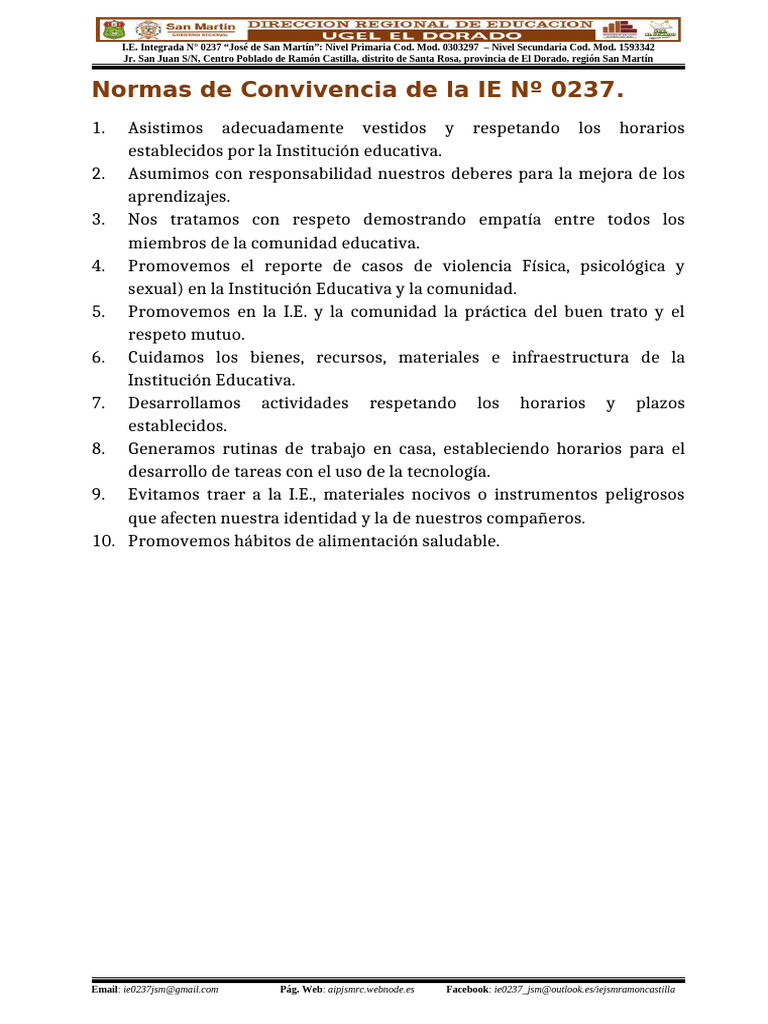 Normas de Convivencia IE N° 0237 San Martín | PDF