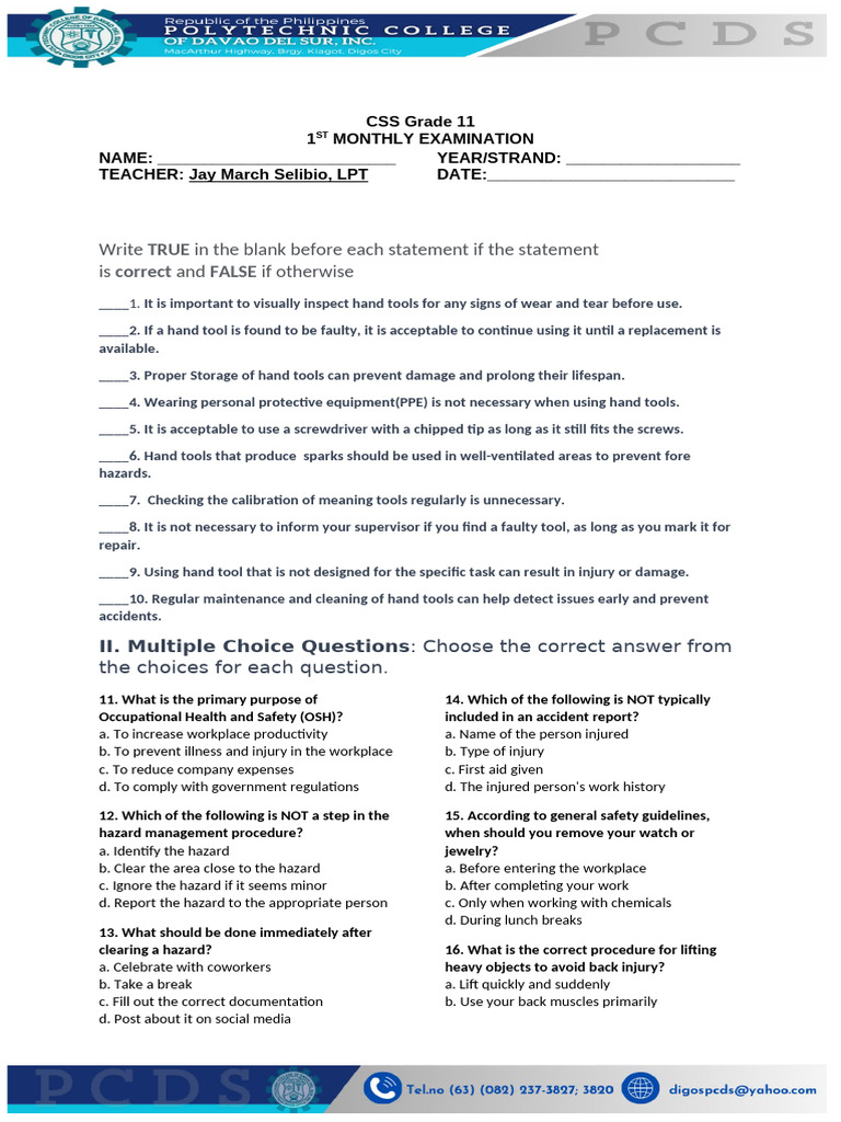 Grade 11 CSS Monthly Exam on Safety | PDF | Electrostatic Discharge ...