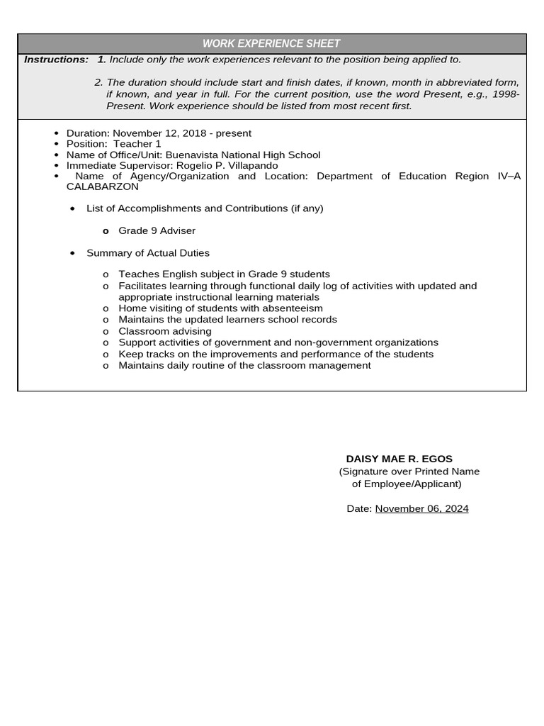 Teacher Work Experience Summary | PDF