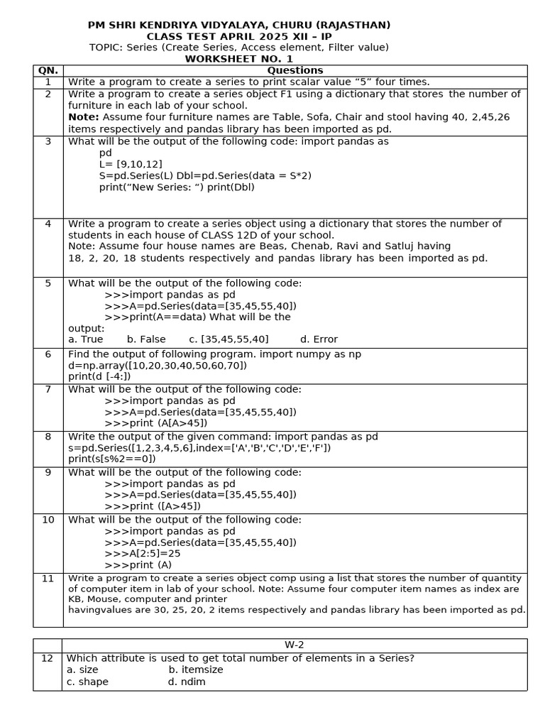 Class 12 IP Series Test Worksheet | PDF | Computing | Computer Science