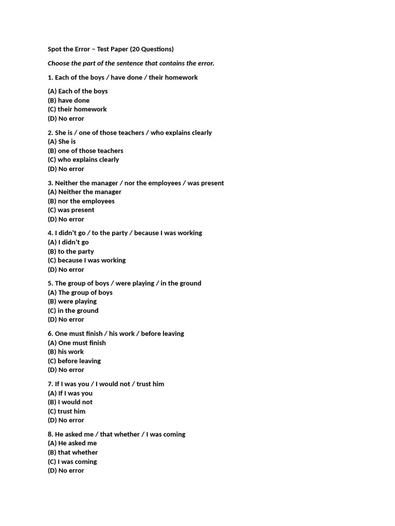 Spot the Error Worksheet and Answers | PDF