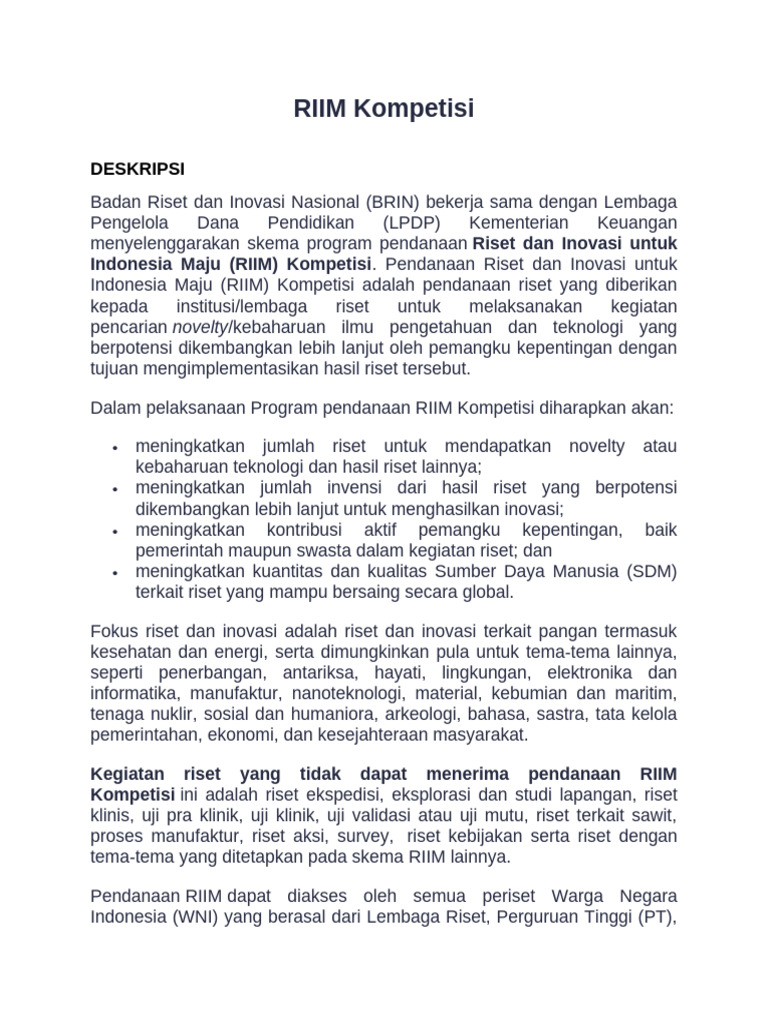 Pendanaan RIIM Kompetisi 2025 BRIN | PDF