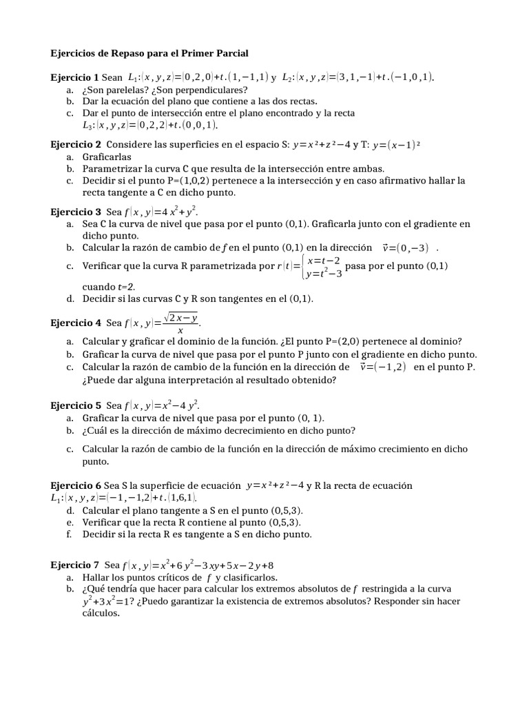 Ejercicios de Matemáticas para Primer Parcial | PDF | Curva | Tangente