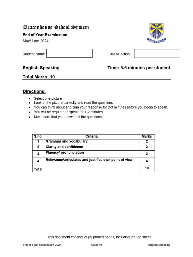 Class VI English Speaking Exam 2024 | PDF