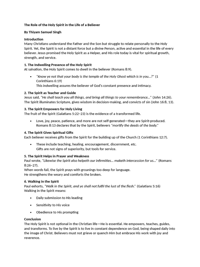 The Role of The Holy Spirit in The Life of A Believer | PDF