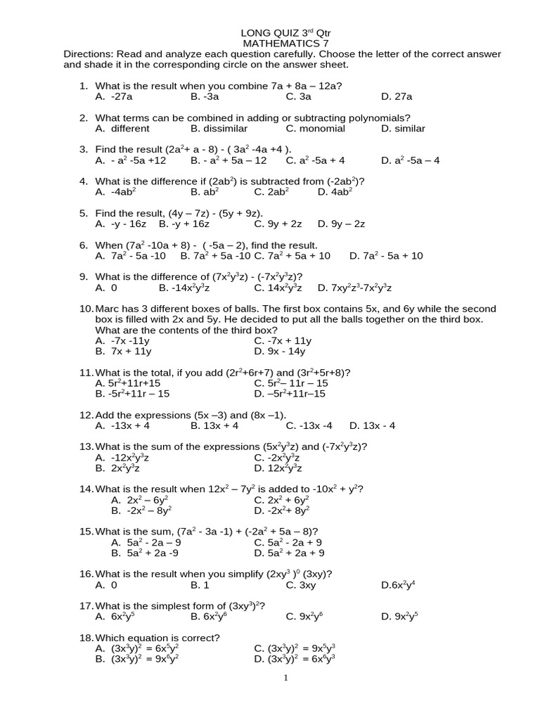 Mathematics 7 Long Quiz Q3 | PDF | Mathematical Analysis | Numerical ...