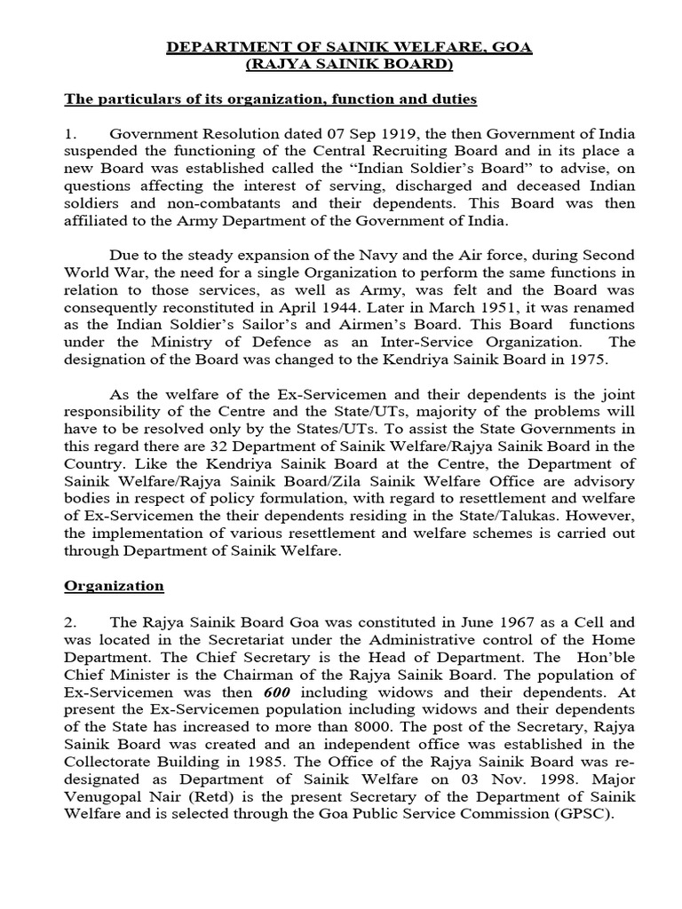 Goa Rajya Sainik Board Overview | PDF