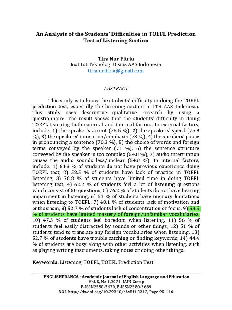 An Analysis of The Students' Difficulties in TOEFL Prediction Test of ...